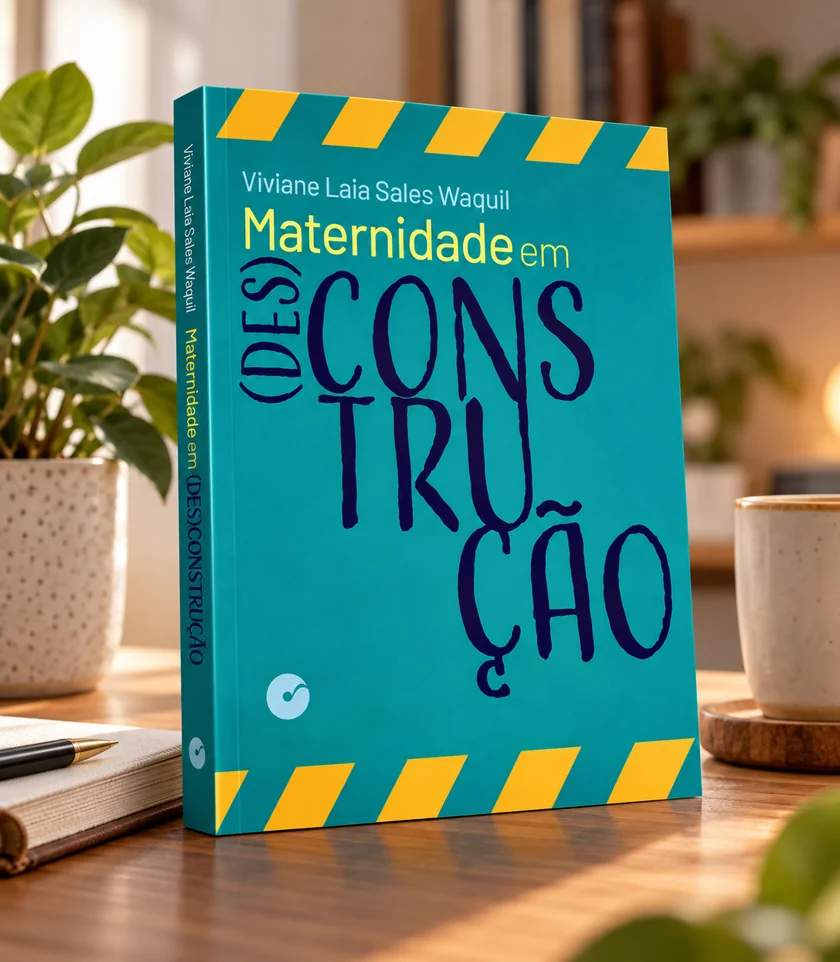 Livro Maternidade em (Des) Construção, de Viviane Laia Sales Waquil, em pé sobre uma mesa de madeira